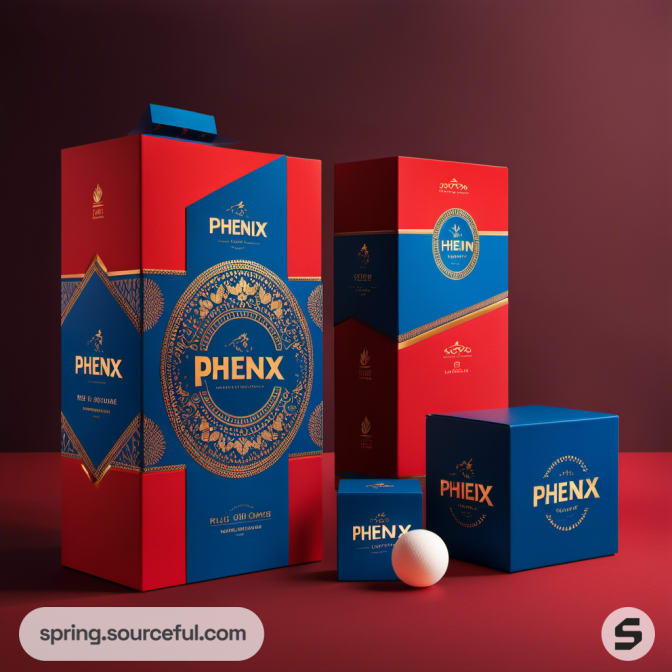 Tall and small red and blue boxes with detailed gold patterns.