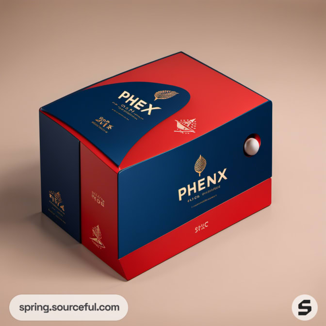 Compact red and blue box with minimalist design and logo.