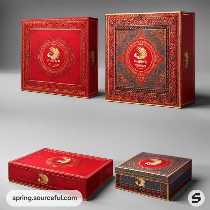 Ornate red boxes with gold details and intricate designs.