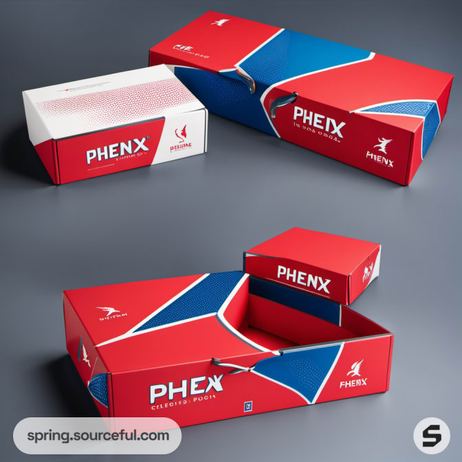 Dynamic red and blue cardboard packaging with modern design.