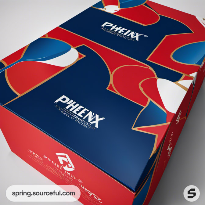 Decorative red and blue box with patterns and logos.