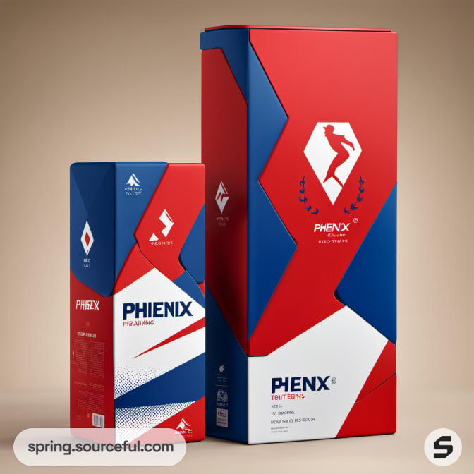 Tall, narrow boxes in red with blue accents and abstract design.