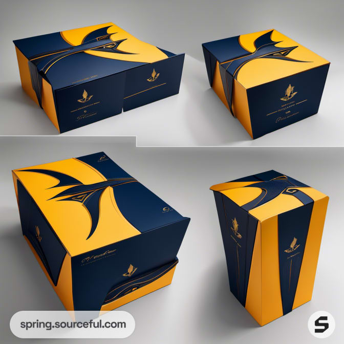 Navy and orange packaging with dynamic pterosaur motif, modern design.