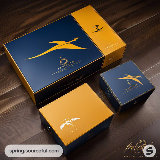 Navy and gold boxes with stylized pterosaur, premium packaging.