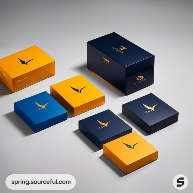 Assorted blue and orange boxes with pterosaur logos, minimalist style.