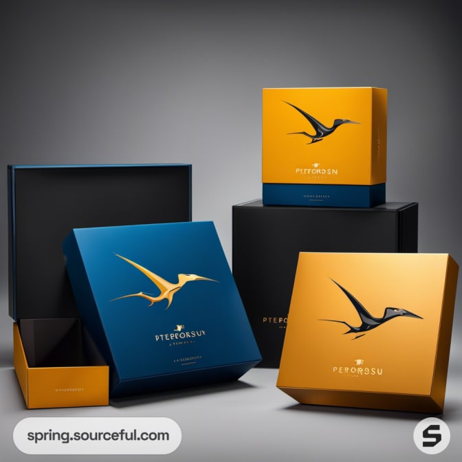 Blue and orange boxes with striking pterosaur design, luxurious look.