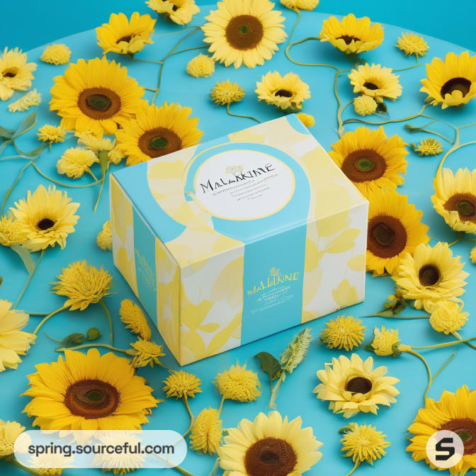 Floral yellow box with sunflowers on a blue background.