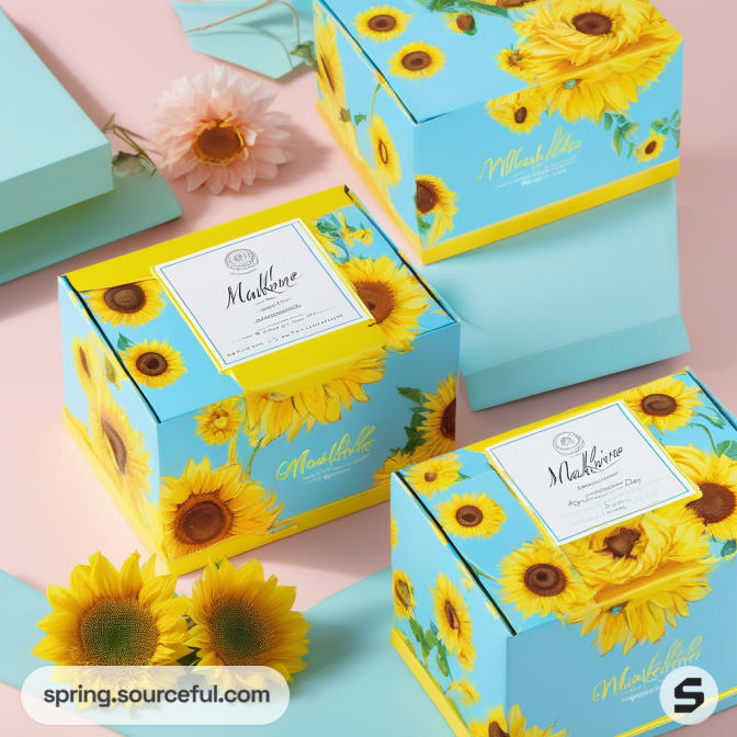 Blue boxes with sunflower design on a pink background.