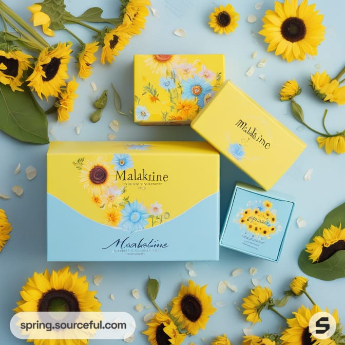 Yellow and blue boxes with sunflowers surrounded by petals.