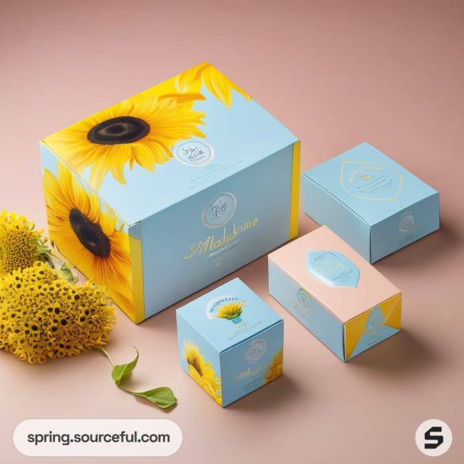 Blue and pink boxes with sunflower theme on a warm background.