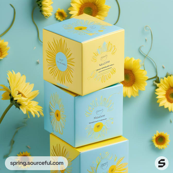 Stacked yellow and blue boxes with sunflower design.