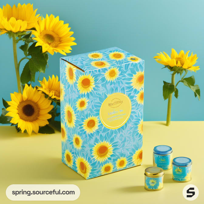 Large blue sunflower box with small matching jars.