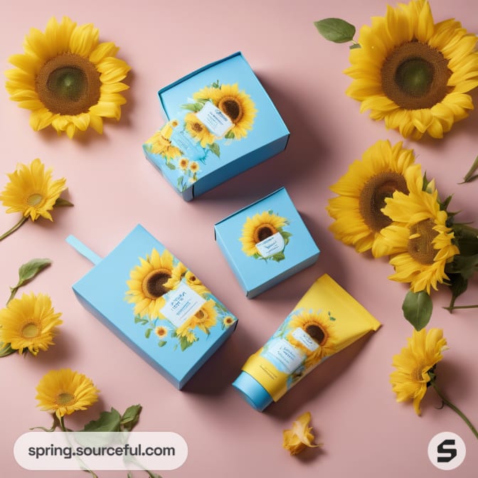 Sunflower themed blue packaging with sunflower tube on pink.