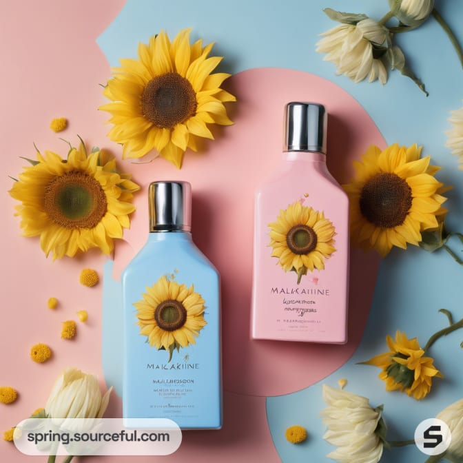 Blue and pink bottle with sunflower design on pastel background.