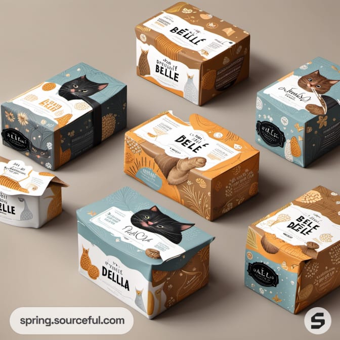 Colorful cat-themed cereal boxes with illustrations.