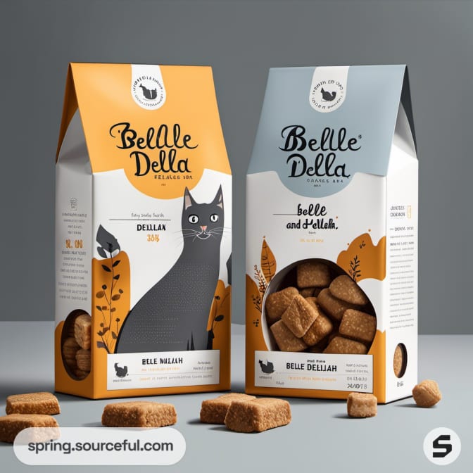 Two tall cat-themed packages with treats scattered.