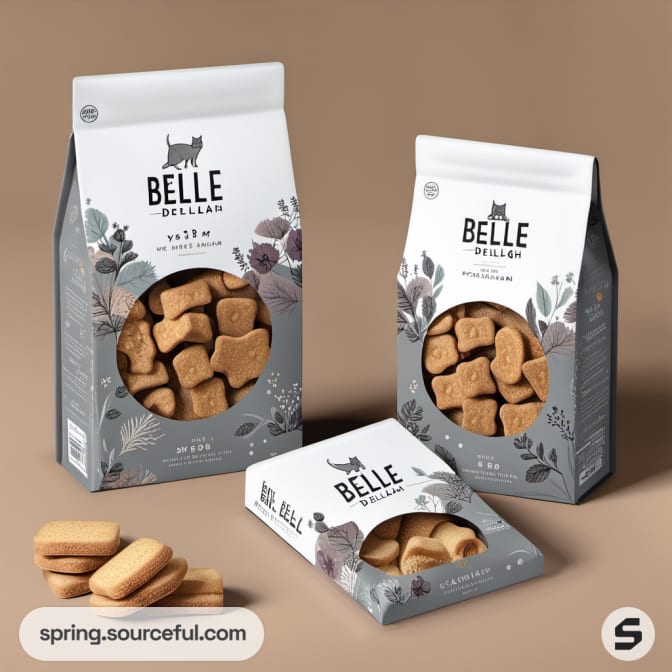 Three packs of cat-shaped cookies on a tan background.