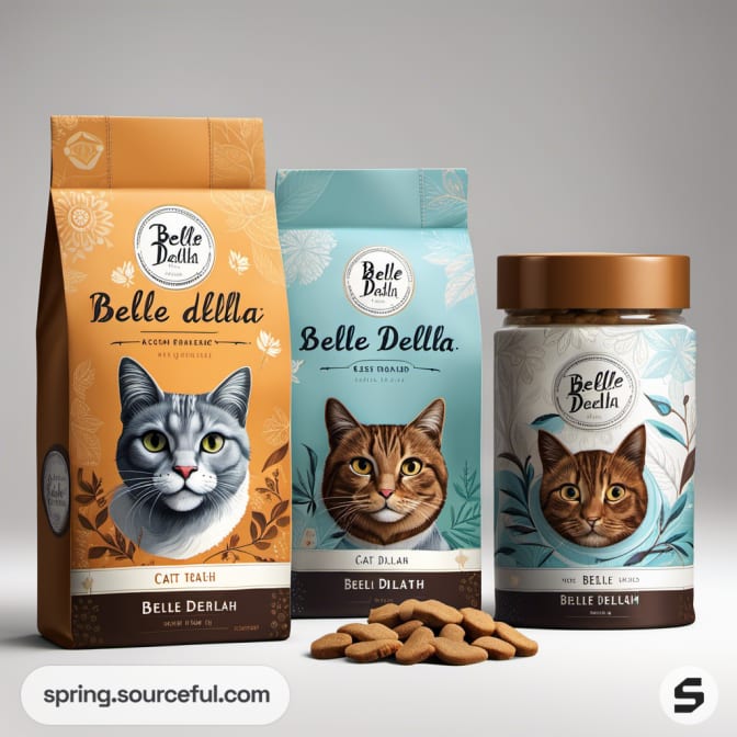 Cat treats in orange and blue packets with feline illustrations.