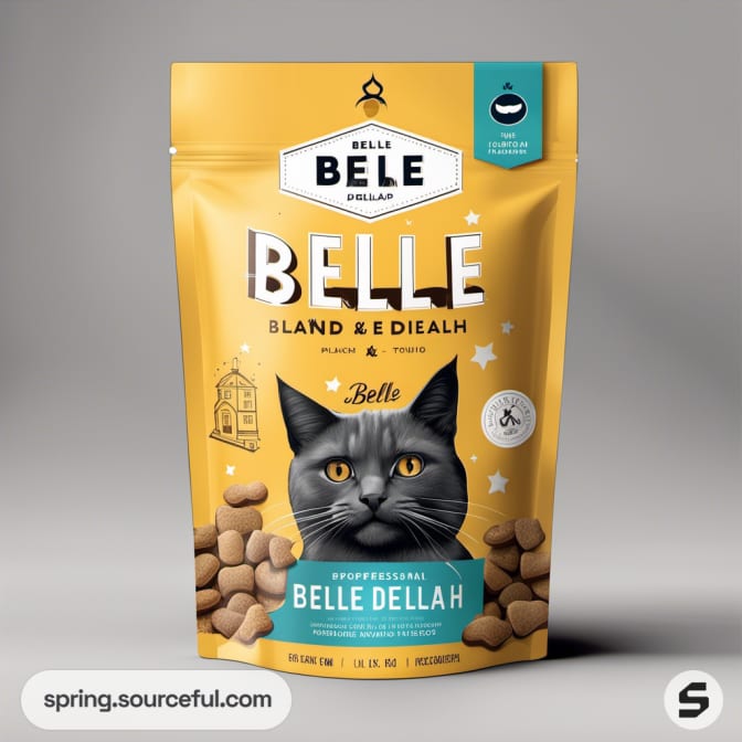 Yellow resealable pouch with illustrated cat face on front.