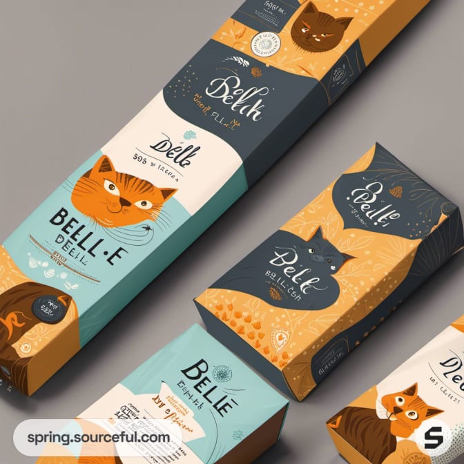 Assorted cat-themed narrow boxes with orange and navy design.