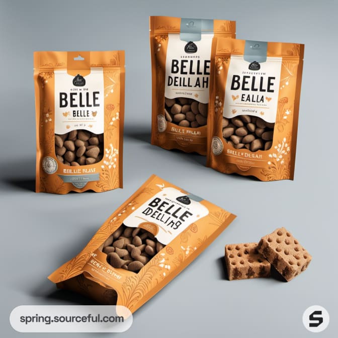 Brown resealable pouches with cat treats and branding.