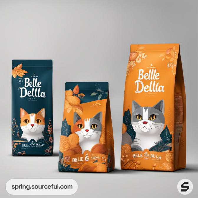 Three cat-themed bags with illustrated feline faces and leaves.