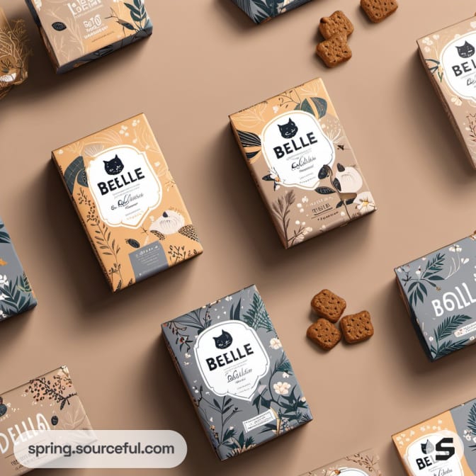 Flower-patterned boxes with cat treats displayed on the side.