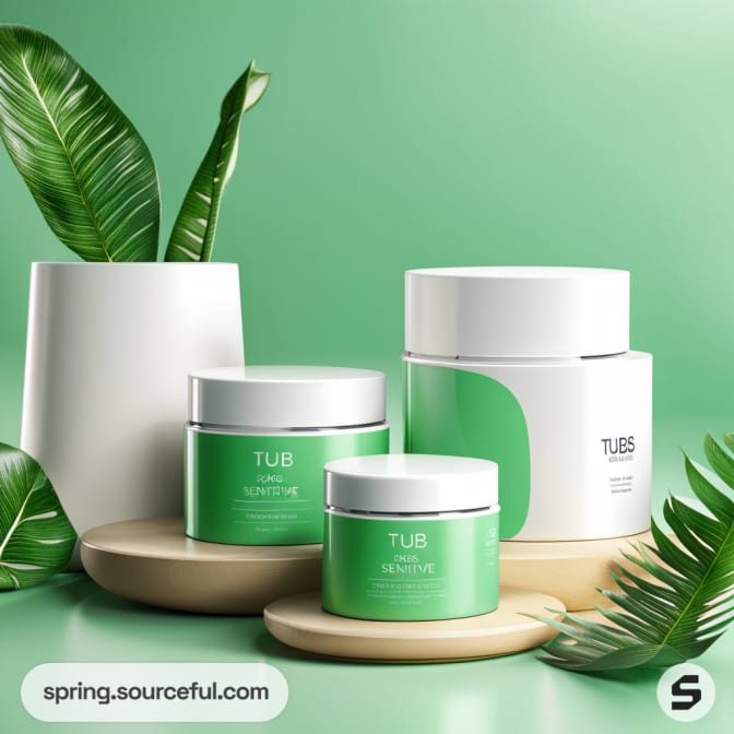 Green and white skincare tubs on wooden trays, surrounded by green leaves, against a light green background.