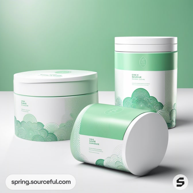 White and green cylindrical containers with abstract wave designs on a green gradient background.