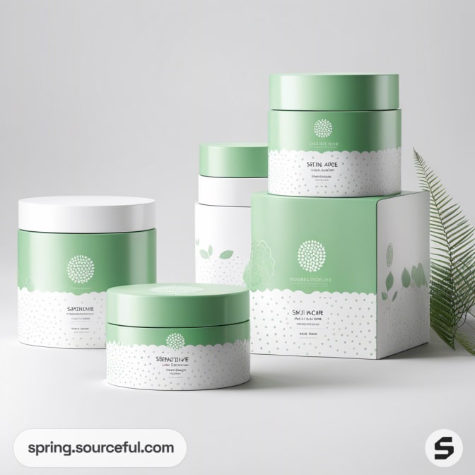 Green and white skincare product packaging with cylindrical jars and boxes, featuring botanical design elements.