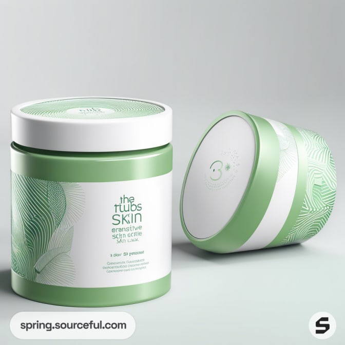 Two green and white skincare jars with leaf graphics, one upright and one on its side on a light background.