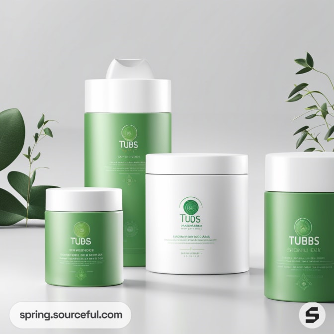 Green and white containers with leaf design, featuring cylindrical and rectangular shapes.