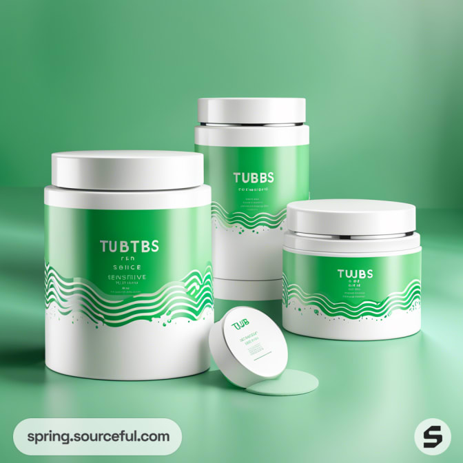 Green cylindrical containers with white lids featuring abstract wave patterns on a mint background.