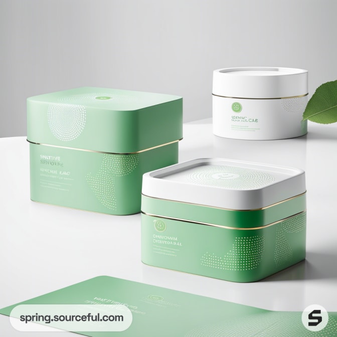Green and white square cosmetic containers with gold accents on a white surface.