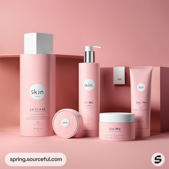 Pink skincare packaging set with various bottles and containers on a pink background.