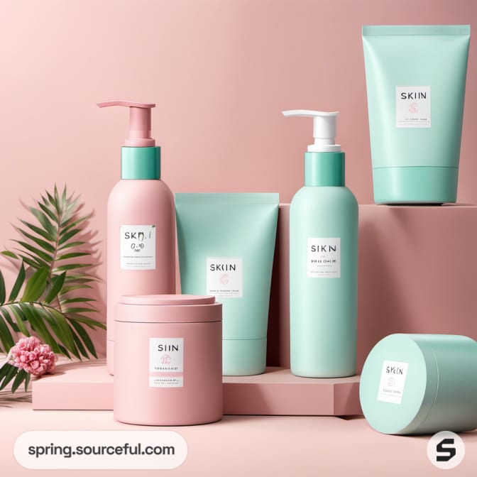 Assorted skincare bottles and tubes on pastel pink background with palm leaf accents.