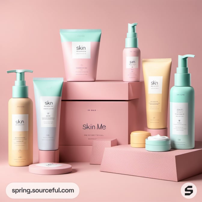 Pastel skincare products with pump bottles, tubes, and jars on a pink box backdrop.