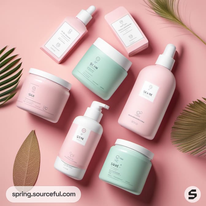 Assorted pastel skincare bottles and jars on pink surface with leaves.