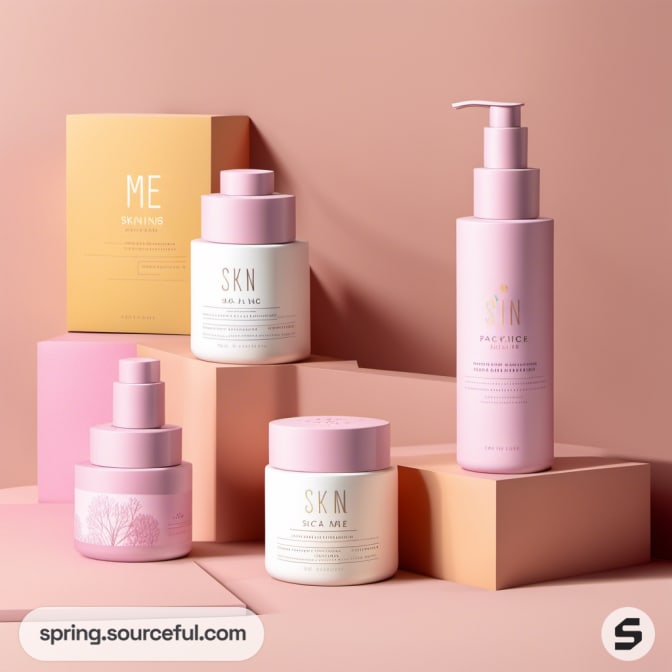 Skincare products on display with pink bottles and jars, and a yellow box on a pink background.