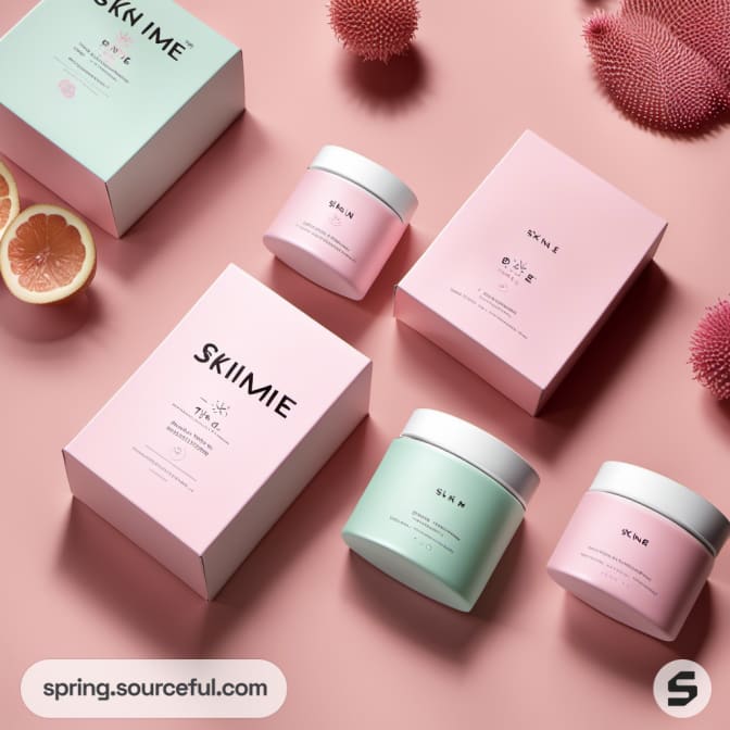 Pink and white skincare boxes and jars on a pink surface with grapefruit halves.