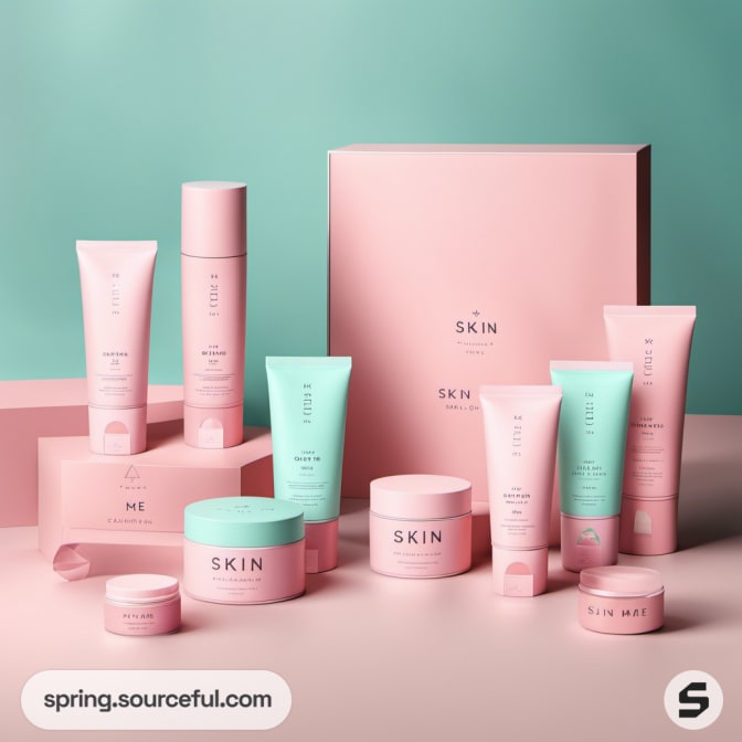 Pink skincare packaging set with various bottles and containers against a pink and teal background.