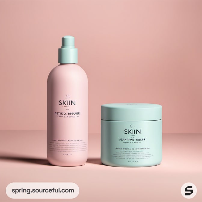 Pink spray bottle and light blue jar on pink background.