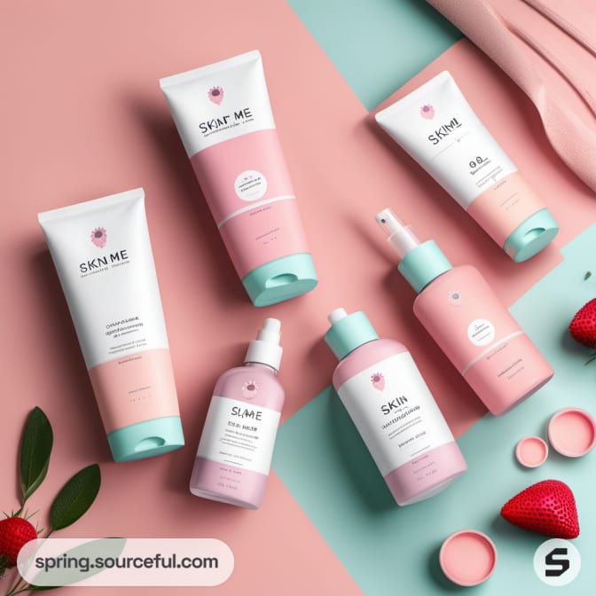 Assorted skincare products in pink, peach, and teal packaging on a pastel background with strawberries.