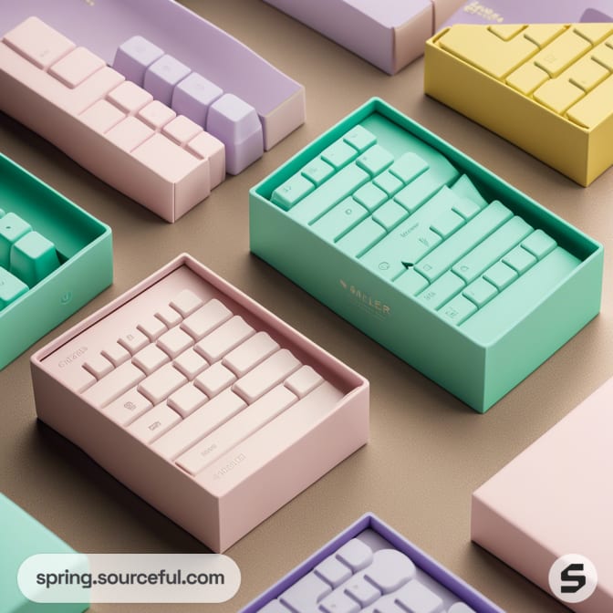 Colorful keyboard components in pastel boxes
