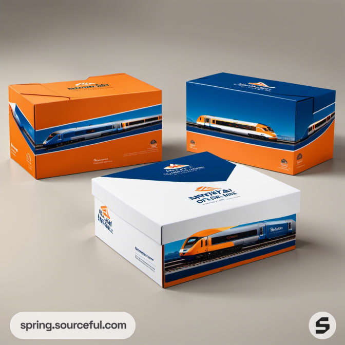 Three train-themed orange and blue boxes on gray surface.