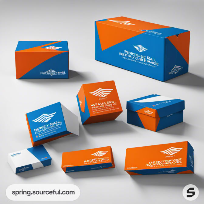 Blue and orange mailer boxes with angular designs.