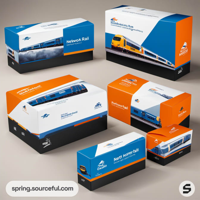 Various train-themed packaging boxes in blue and orange.