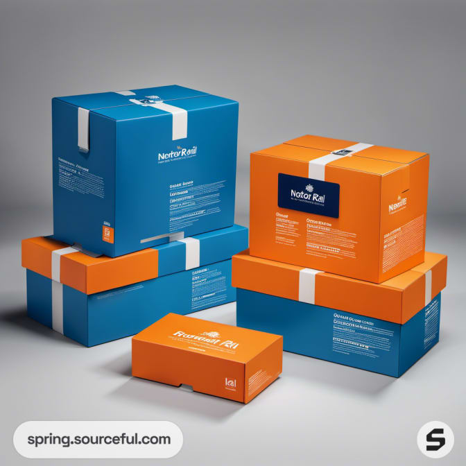 Stacked blue and orange mailer boxes on gray background.