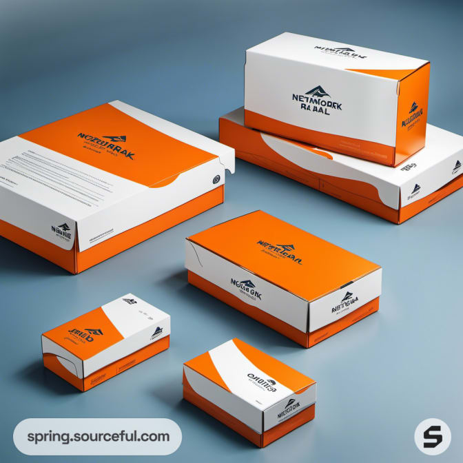 Assorted white and orange mailer boxes with clean design.