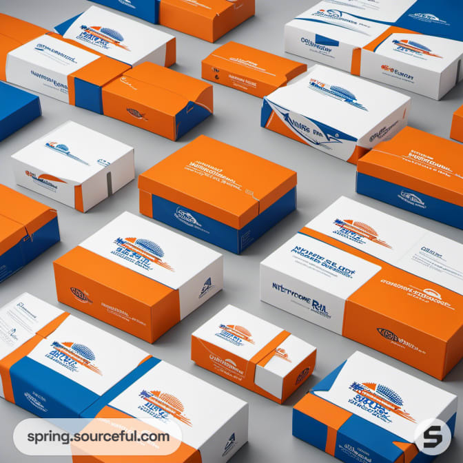 Rows of blue, white, and orange mailer boxes.